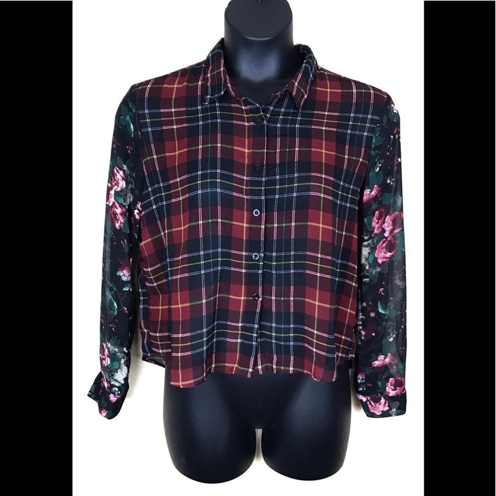 Sans Souci Sheer Plaid Top Floral Sleeves Sz Large